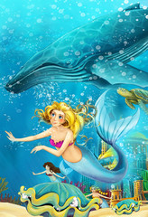 Obraz na płótnie Canvas Cartoon ocean and the mermaid in underwater kingdom swimming with whales - illustration for children