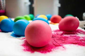 Freshly colored Easter eggs on paper napkin.