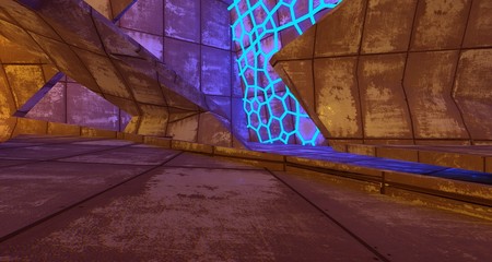 Abstract  Concrete Futuristic Sci-Fi interior With Yellow And Blue Glowing Neon Tubes . 3D illustration and rendering.