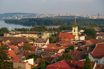 Fototapeta na wymiar View of Belgrade and Zemun in Serbia from Gardos Tower, panorama of the Danube River with Veliko Ratno Ostrvo in the background in summer