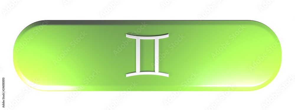 Poster zodiac gemini icon green rounded rectangle push button - 3d rendering illustration