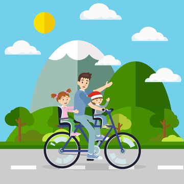 Father cycling the bicycle with his baby travel in natural environment. Vector for family bonding and happy lifestyle of people concept.