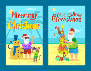 Merry Christmas, Santa Claus making photo with snowman made of sand. Monkey and Saint Nicholas decorating umbrella as abstract New Year tree, summer holidays