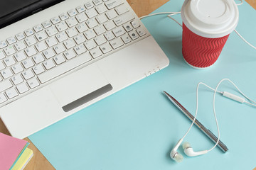 Workplace table. Business concept. Different office accessories on the wooden table. Copy space.