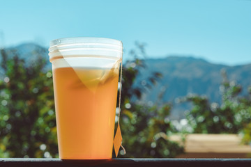 a Cup of tea on a background of mountains