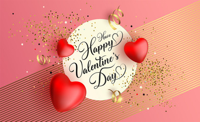Happy Valentine's Day message, floating balloon hearts on background. Happy valentines day handwritten text. Vector illustration EPS10. Easy editable for Your poster, banner or invitation card