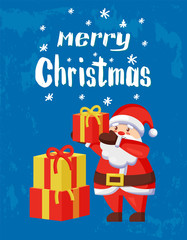 Merry Christmas greeting card Father Frost ready to give surprises in packages wrapped in paper. Santa Claus puts packed presents gift boxes on pile