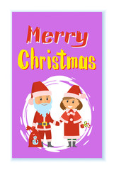 Fototapeta premium Merry Cristmas, Santa Claus and helper in traditional costumes vector in round brush frame. Xmas winter holidays characters, bag or sack with snowman print