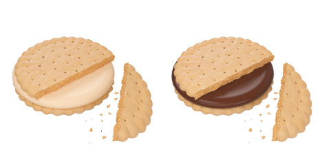 Sandwich cookies with Delicious vanilla cream and chocolate, 3d illustration for biscuit package design.