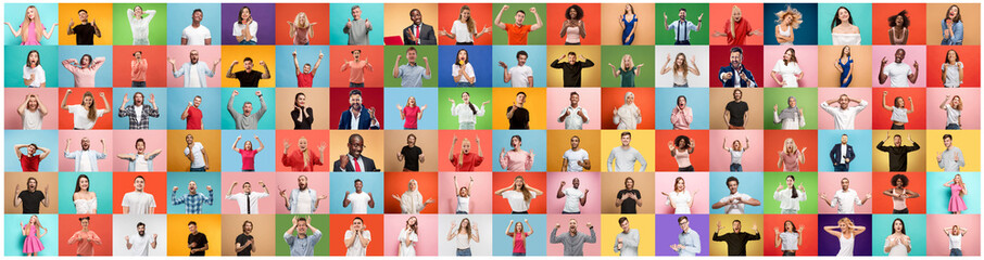Fototapeta The collage of faces of surprised people on colored backgrounds. Happy men and women smiling. Human emotions, facial expression concept. collage of different human facial expressions, emotions obraz