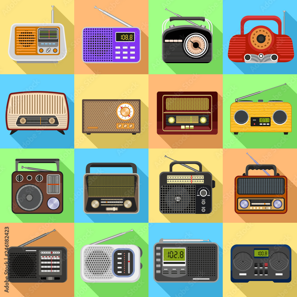 Poster radio icons set. flat set of radio vector icons for web design