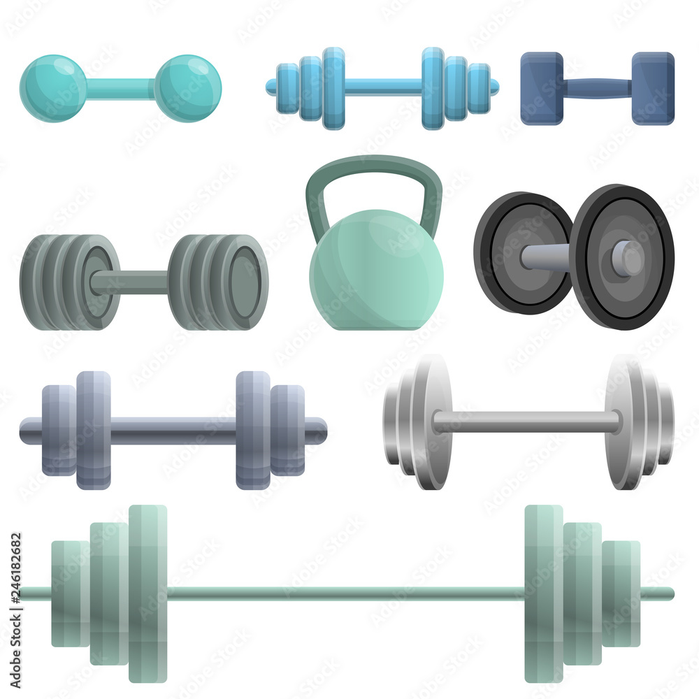 Poster dumbell icons set. cartoon set of dumbell vector icons for web design