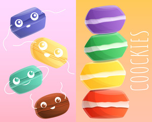 Sweet macarons banner set. Cartoon illustration of sweet macarons vector banner set for web design