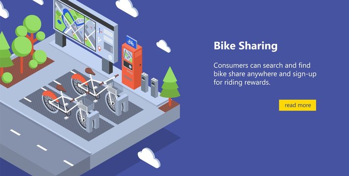 Web banner with bicycles available for rent parked at docking stations on city street, payment terminals, map stand. Isometric vector illustration for public bike sharing service advertisement.