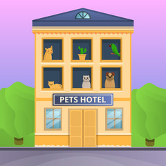 Pets hotel concept banner. Cartoon illustration of pets hotel vector concept banner for web design
