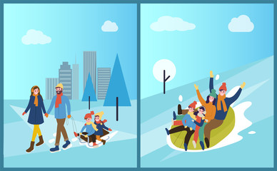 Family tubing and children sitting on sledges vector. Wintertime in park, outdoors activities of mother and father, kids in winter park having fun