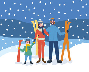 Naklejka premium Skiing family, wintertime sports hobby of people vector. Vacation of parents and kid holding equipment for ski, skiers standing in snowfall outdoors