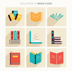 Books icon collection with shadow in trendy flat style isolated on colorful background. Vector set of 9 book icons design