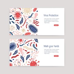 Bundle of web banner templates with harmful single cell microorganisms on white background and place for text. Bacteria and virus protection awareness. Vector illustration in flat cartoon style.