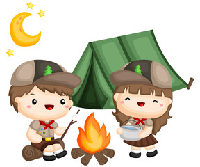 a boy and girl scouts cooking outside the tent
