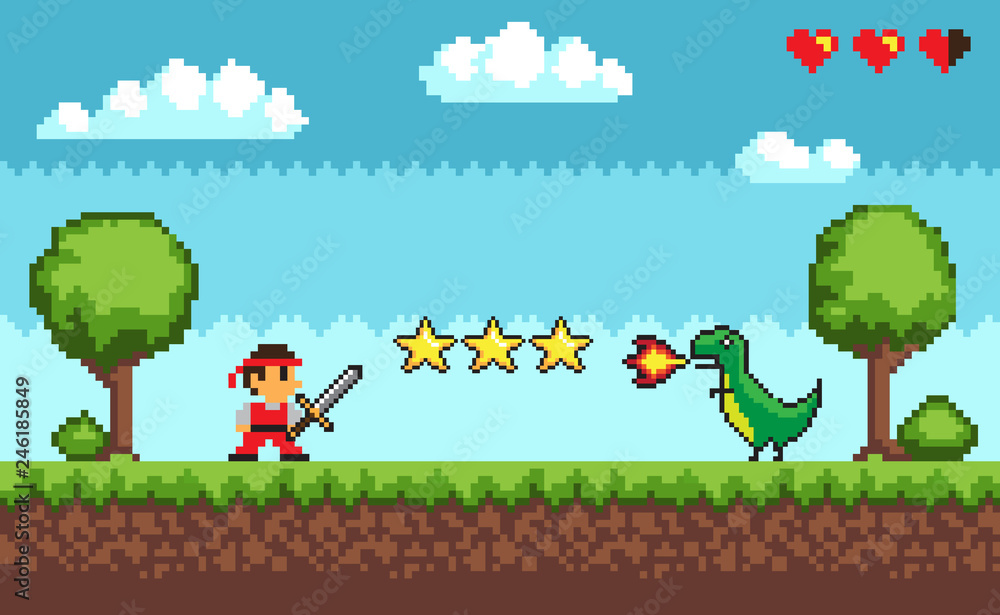 Poster pixel retro style of 8bit game mode character arcade vector. man with sword fighting against dangero