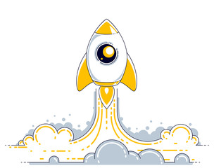 Rocket launch into undiscovered space. Explore universe, breathtaking space science. Thin line 3d vector illustration isolated on white.