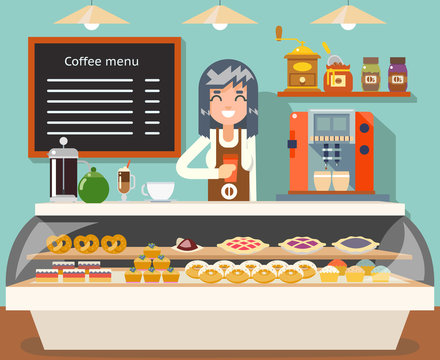 Cafe coffee shop woman business interior female seller bakery taste sweets flat design vector illustration
