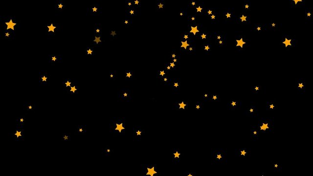 Animation of abstract, golden five-pointed, green, colorful stars falling on black background. Small, orange stars confetti falling chaotically, seamless loop.