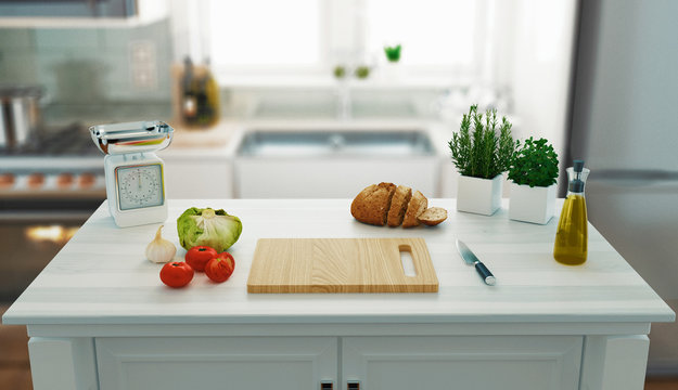 Kitchen table, preparation, 3d rendering
