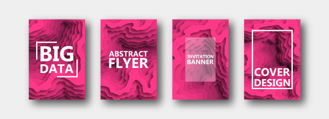 A set of four options for banners, flyers, brochures, cards, posters for your design, in pink color. Paper style. 10 eps