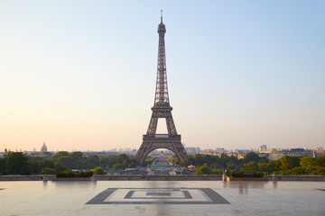 Eiffel tower, clear sunrise at Trocadero, nobody in Paris, France