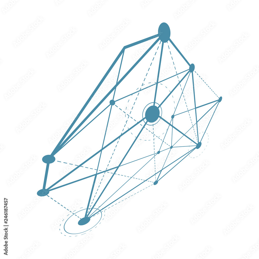 Poster abstract geometric 3d faceted object, modern digital technology and science theme vector background.