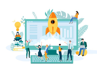 New business start up. Template with computer, rocket and people.