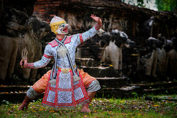 Art culture Thailand Dancing in masked khon in literature ramayana,Thai classical monkey masked,...