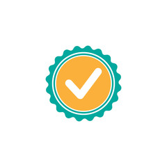 Valid Seal icon. Blue and orange circle with ribbon outline and white tick. Flat OK sticker icon. Isolated on
