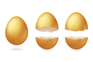 Golden broken eggs cracked open easter eggshell design 3d realistic icon isolated vector illustration