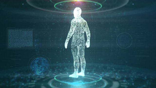 Artificial Intelligence Concept With Futuristic Human Being Scanned While Data And Nodes Are Flying Around 