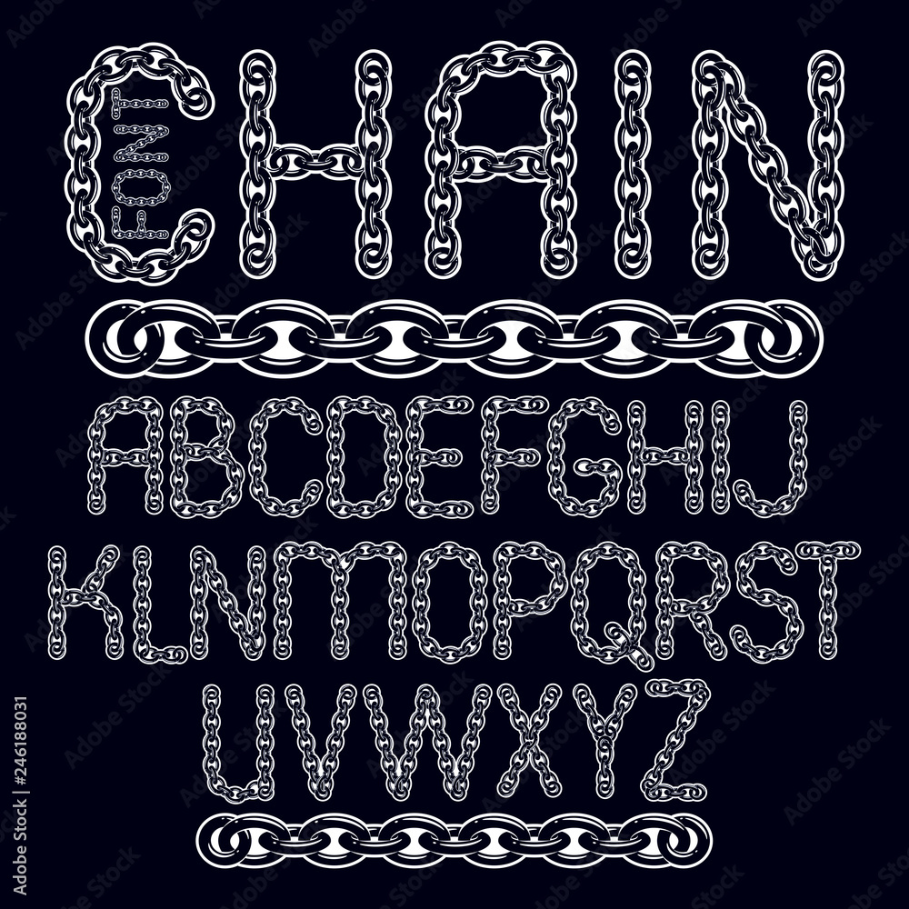 Poster vector type font, script from a to z. capital decorative letters created using connected chain link.