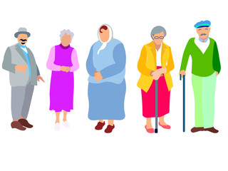 A set of people, pensioners, grandparents. Isolated on white background. In minimalist style. Cartoon flat Vector