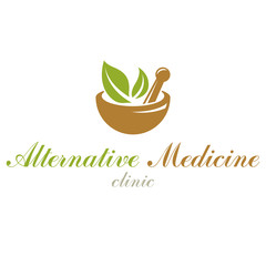 Mortar and pestle graphic vector symbol composed with green leaves. Homeopathy creative logo for use in medicine, rehabilitation or pharmacology.