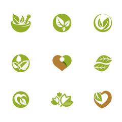 Phytotherapy metaphor, vector graphic emblems collection. Vegetarian lifestyle conceptual illustrations.