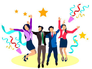 Business theme, office rejoices sales. Dancing and jumping. In minimalist style. Cartoon flat Vector