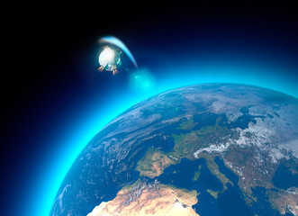 Veicolo spaziale, capsula orbitale da trasporto equipaggio. Giro in orbita attorno alla Terra. Vista satellitare della Terra. Atmosfera, attrito. NASA. 3d rendering © Naeblys