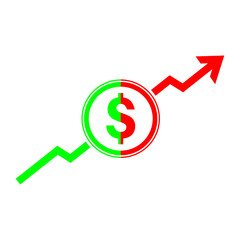 Dollar sign icon and incremental arrow for business growth and incremental of investment, salary, income, revenue, profit, cost, ebitda, patami, stock market and wealth