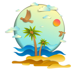 Fototapeta na wymiar Beach with palms, sea waves perfect seascape, birds clouds and sun in the sky, summer beach holidays theme paper cut style vector illustration.