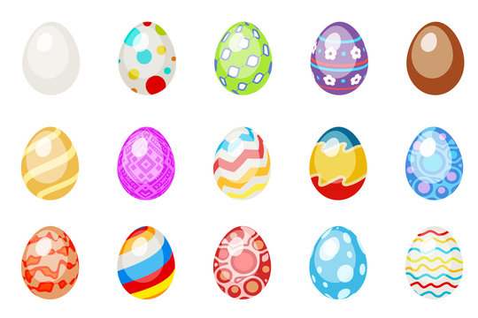 Painted colorful easter chocolate eggs spring holiday icons isolated set flat design vector illustration