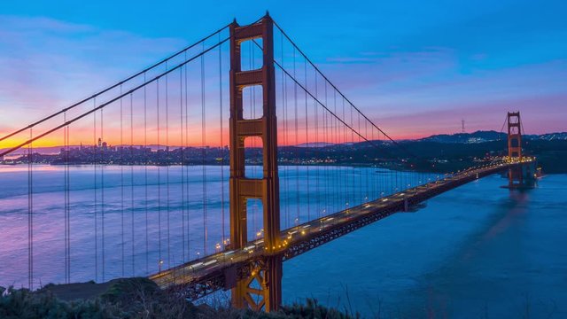 Golden Gate Bridge in San Francisco, California sunrise time lapse. 