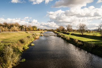 Fototapeta na wymiar Olse river in Karvina city in Czech republic during nice autumn day