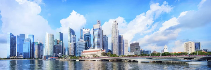 Schilderijen op glas centrale skyline van Singapore. Financiële torens en Esplanade drive bridge © lena_serditova