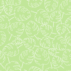Seamless green floral pattern. Broad palm leaves. The contours of the leaves. White on light green
